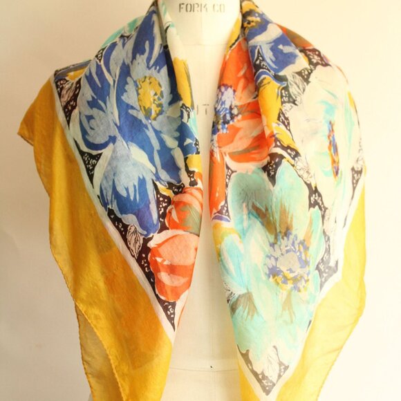 Vintage 1940s 1950s Silk Scarf, Square Floral Print Headscarf, Blue Teal Gold an - Picture 6 of 10